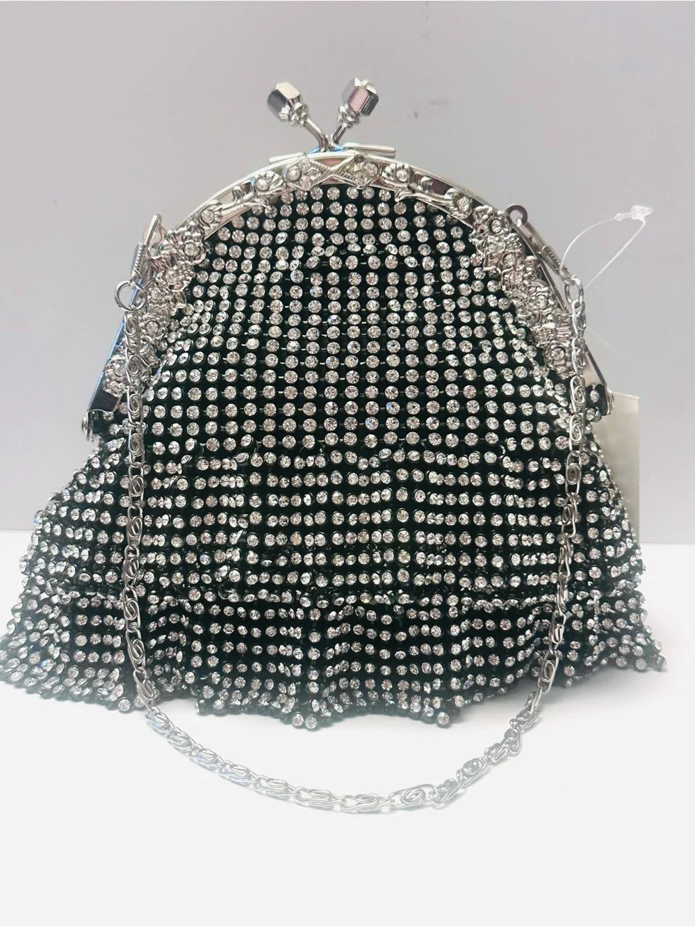 Hollywood Glamor Black/Silver & Rhinestone Skirted Frame Clutch/Purse/Handbag